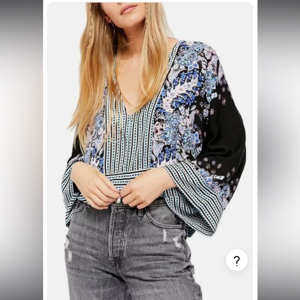 Free People Blouse Top Sz S Long Sleeve Black Mix Print Cropped  100% Viscose